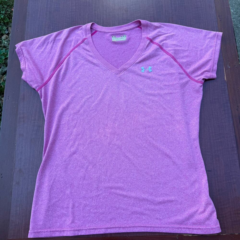 Under Armour HeatGear V-Neck Tee Semi-Fitted Modern Womens Large Pink Heather